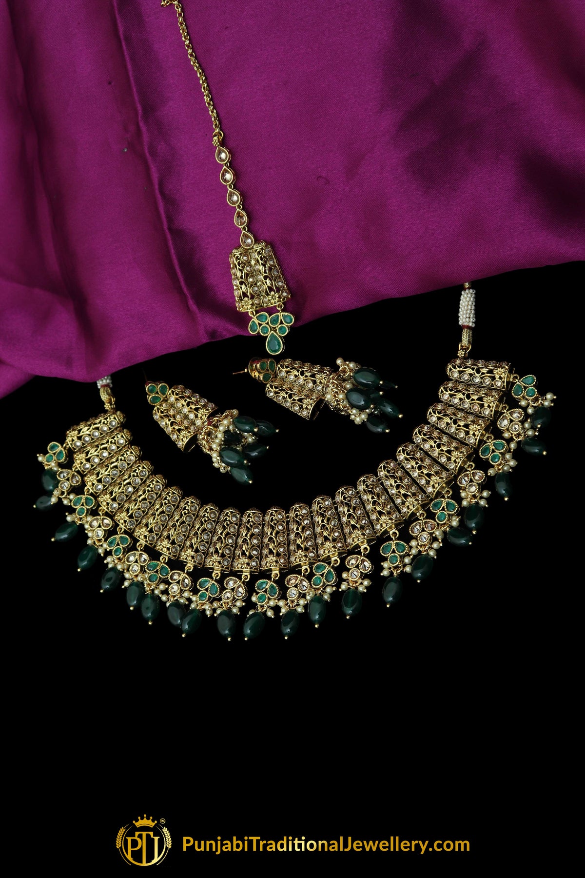 Green Polki Necklace Set By Punjabi Taditional Jewellery