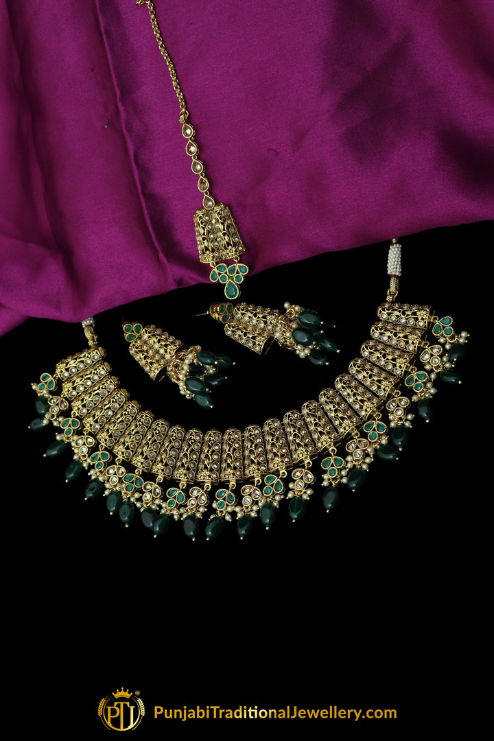 Green Polki Necklace Set By Punjabi Taditional Jewellery