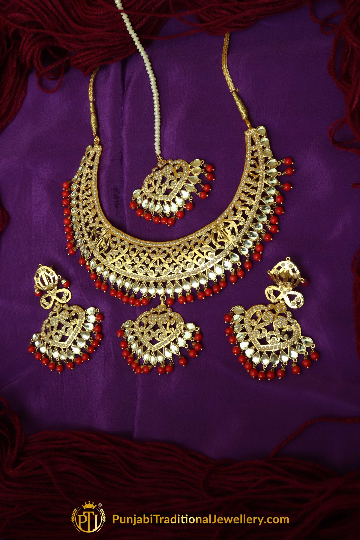 Red Kundan Jadau Necklace Set By Punjabi Traditional Jewellery
