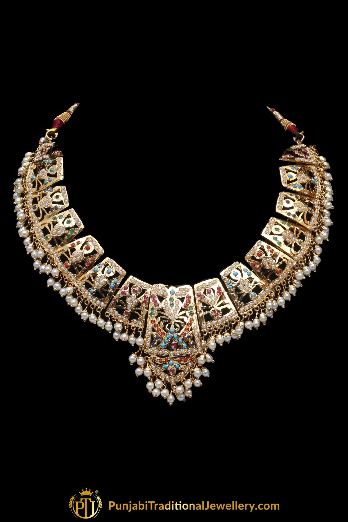 Multi Jadau Pearl Necklace Set By Punjabi Traditional Jewellery