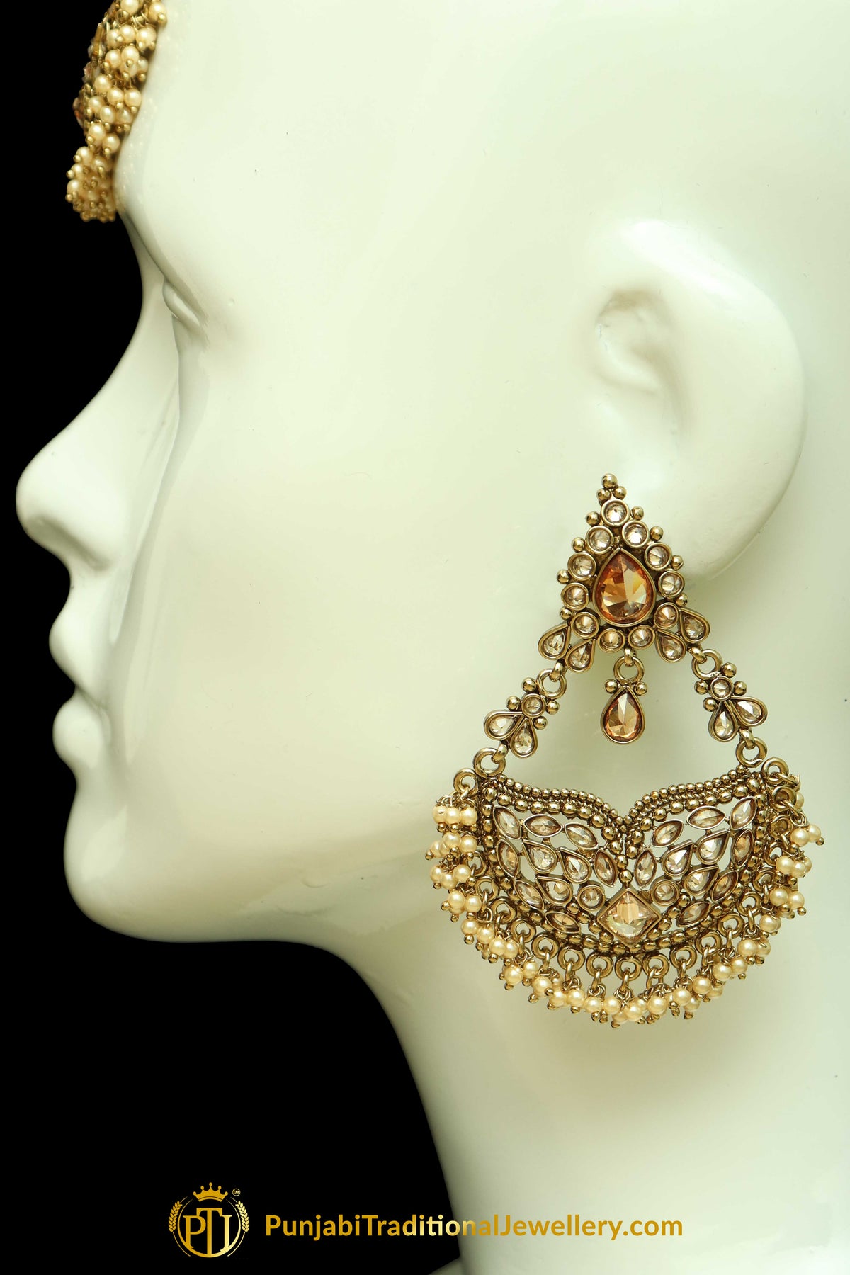 Gold Finished Champagne Stone Earring Tikka Set By Punjabi Traditional Jewellery