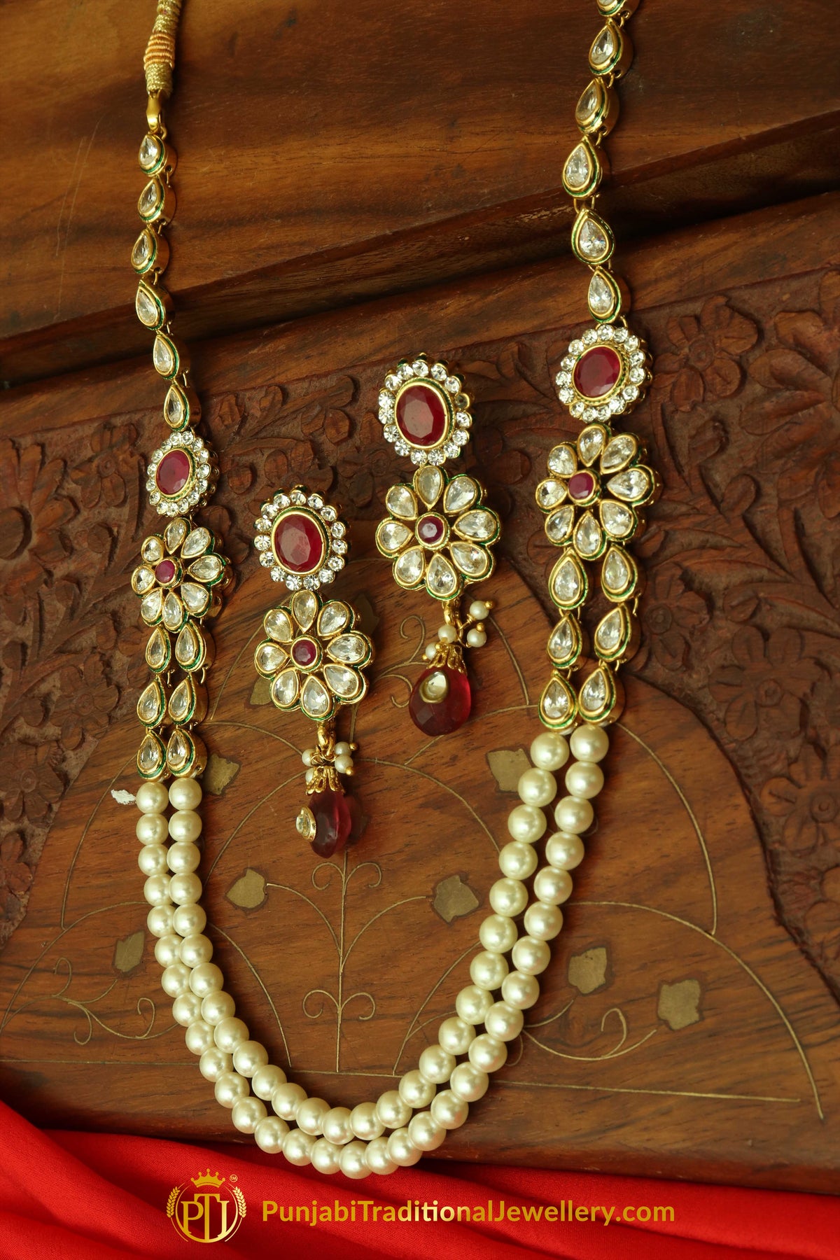 Red Polki Pearl Necklace Set By Punjabi Traditional Jewellery