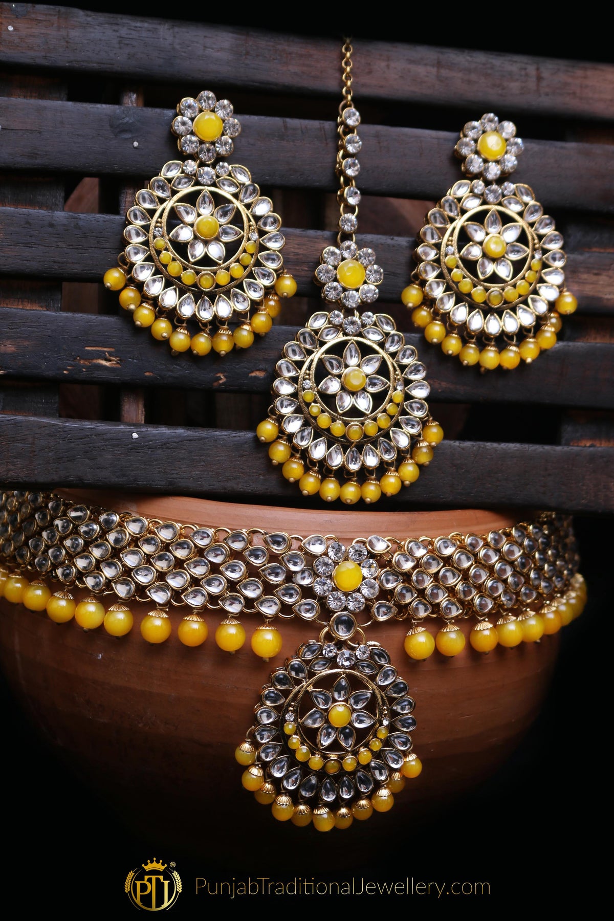 Yellow Kundan Necklace Set By Punjabi Traditional Jewellery