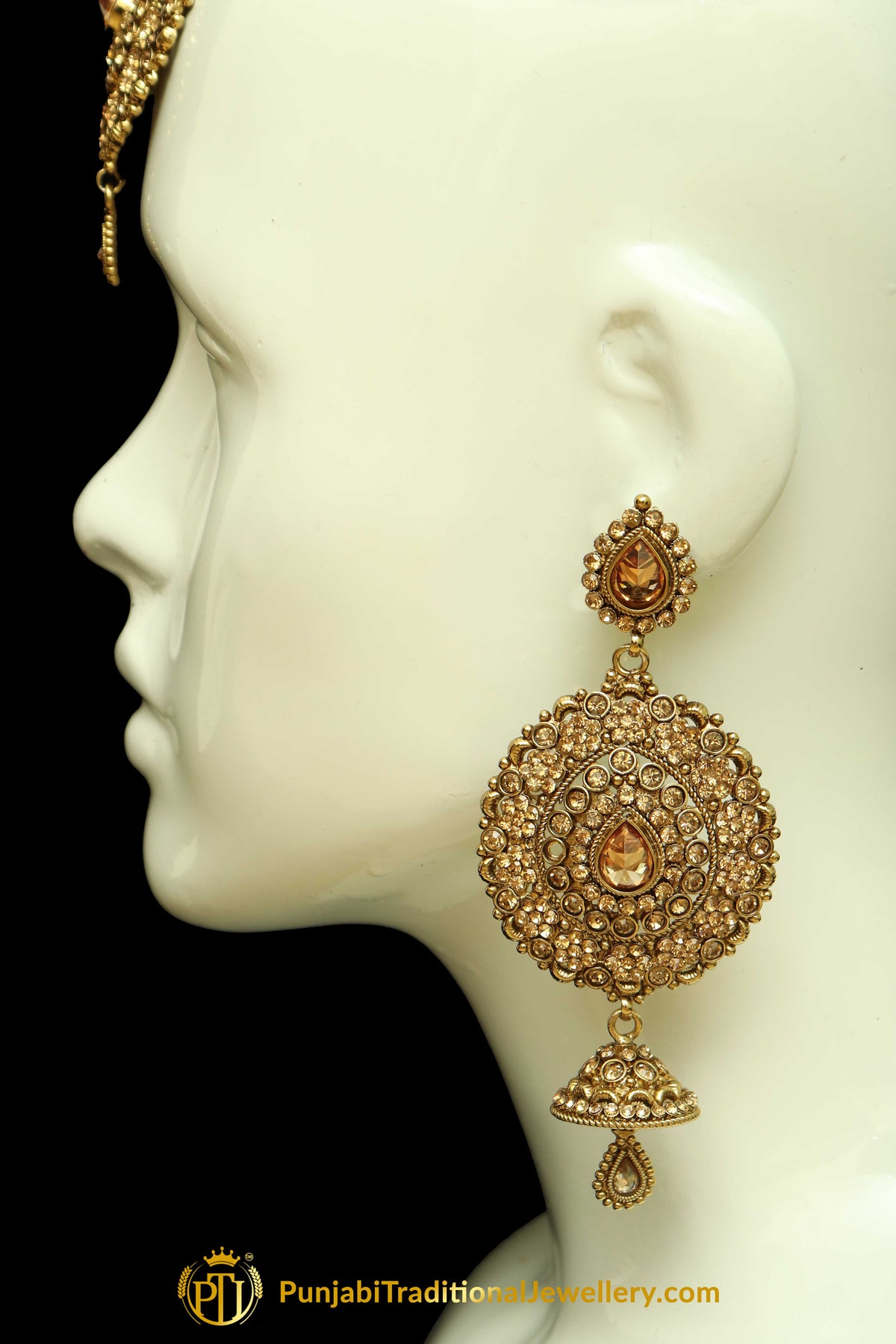 Gold Finished Champagne Stone Earring Tikka Set By Punjabi Traditional Jewellery
