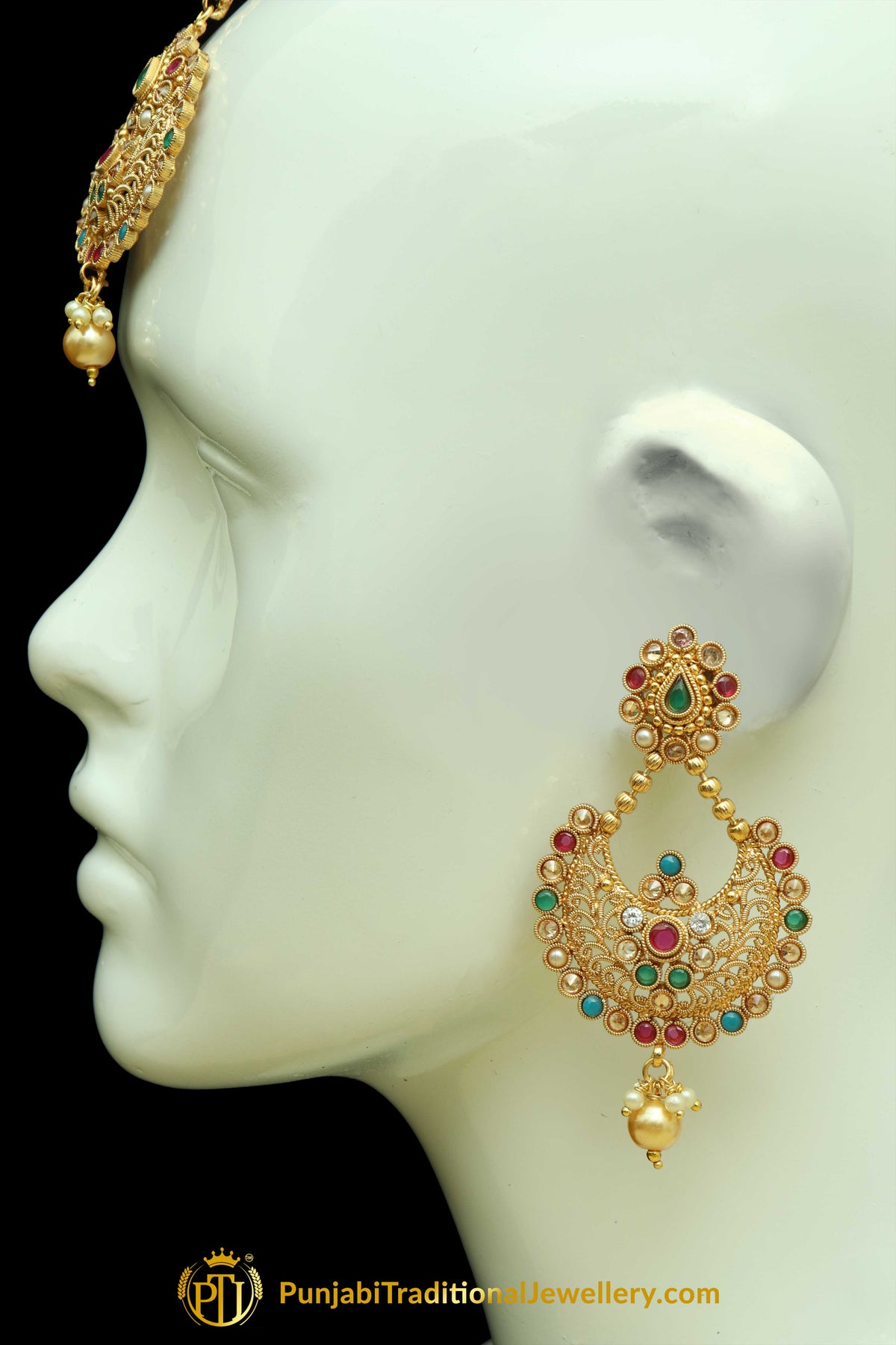 Multi Polki Earrings Tikka Set By Punjabi Traditional Jewellery