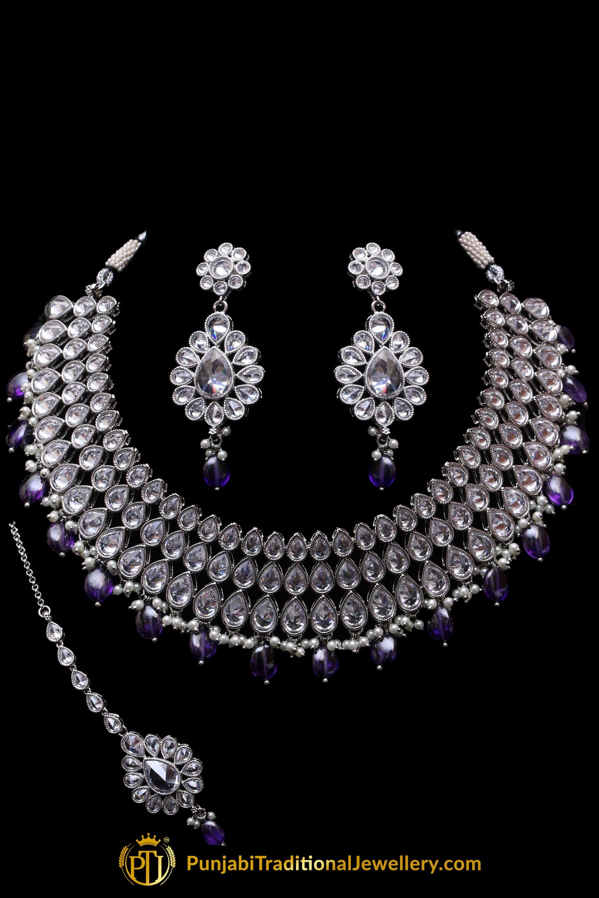 Blue Polki Necklace Set By Punjabi Traditional Jewellery