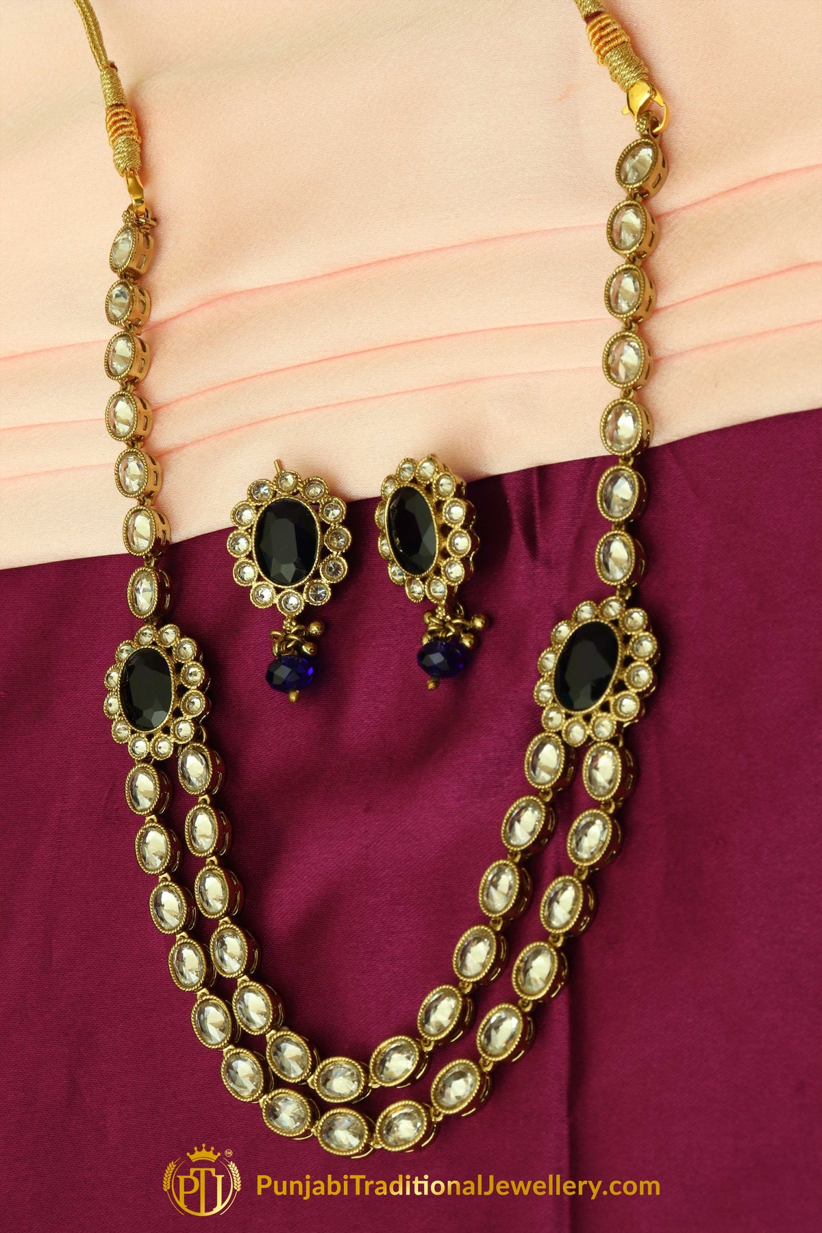 Blue Polki Necklace Set By Punjabi Traditional Jewellery
