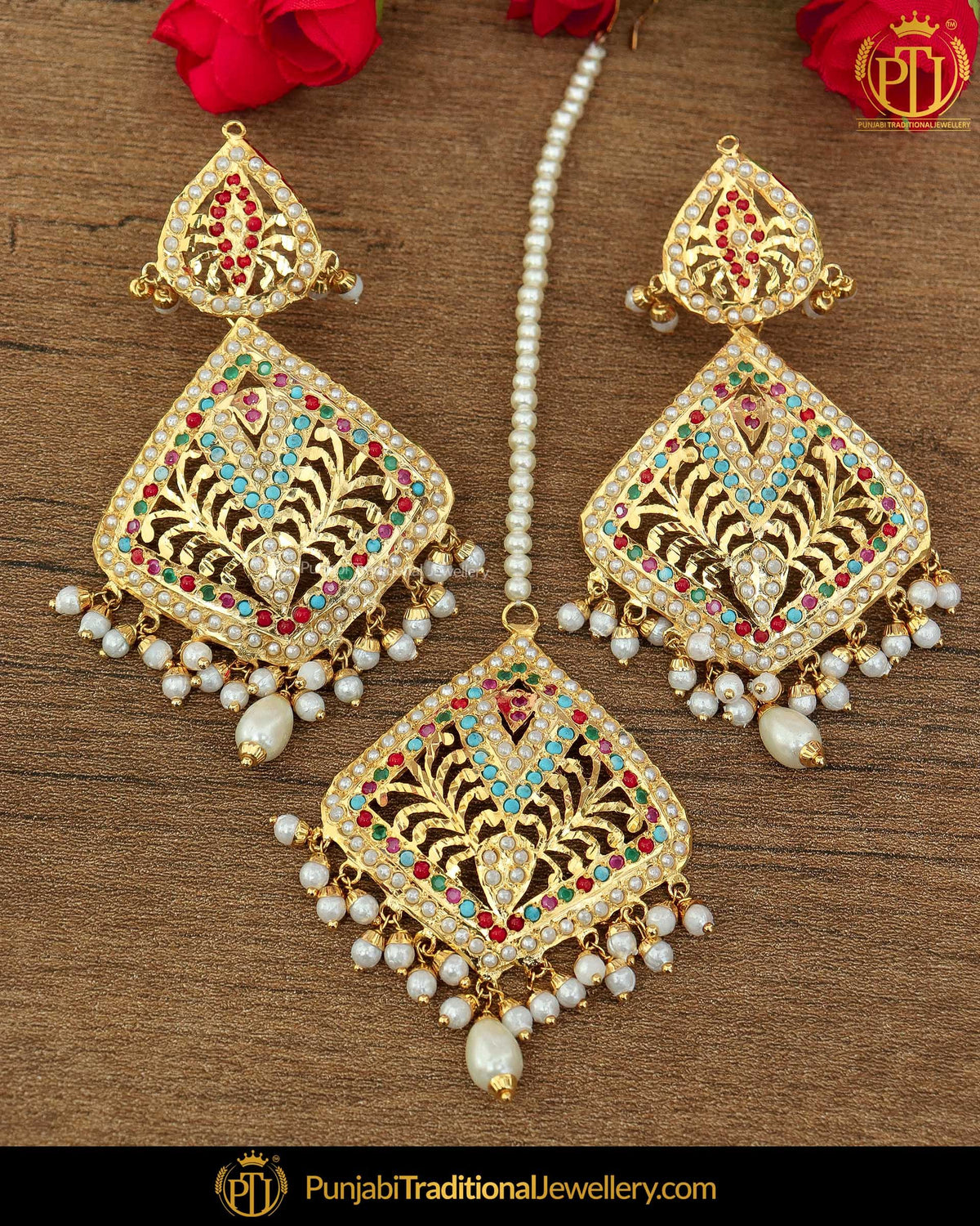 Gold Finished Navratan Jadau Earring Tikka Set | Punjabi Traditional Jewellery Exclusive