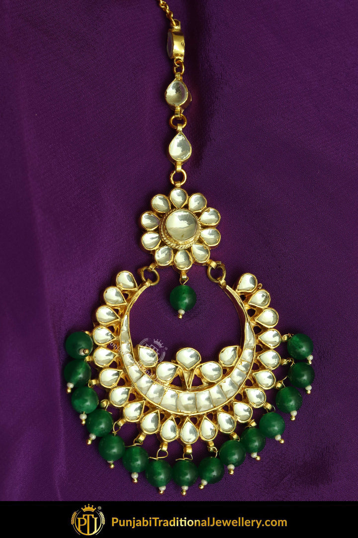 Gold Finished Kundan Emerald Tikka | Punjabi Traditional Jewellery Exclusive