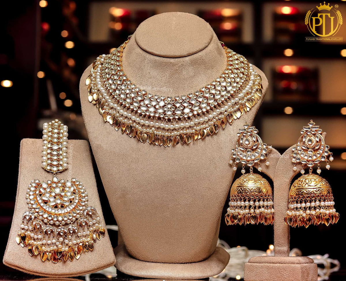 Gold Finished Kundan Pearl Pippal Patti Necklace Set with MathaPatti & Nath | Punjabi Traditional Jewellery Exclusive