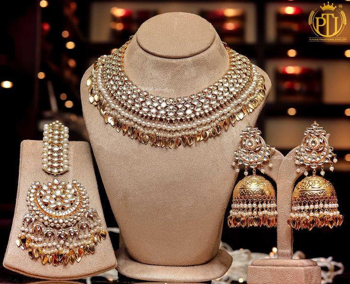 Gold Finished Kundan Pearl Pippal Patti Necklace Set with MathaPatti & Nath | Punjabi Traditional Jewellery Exclusive