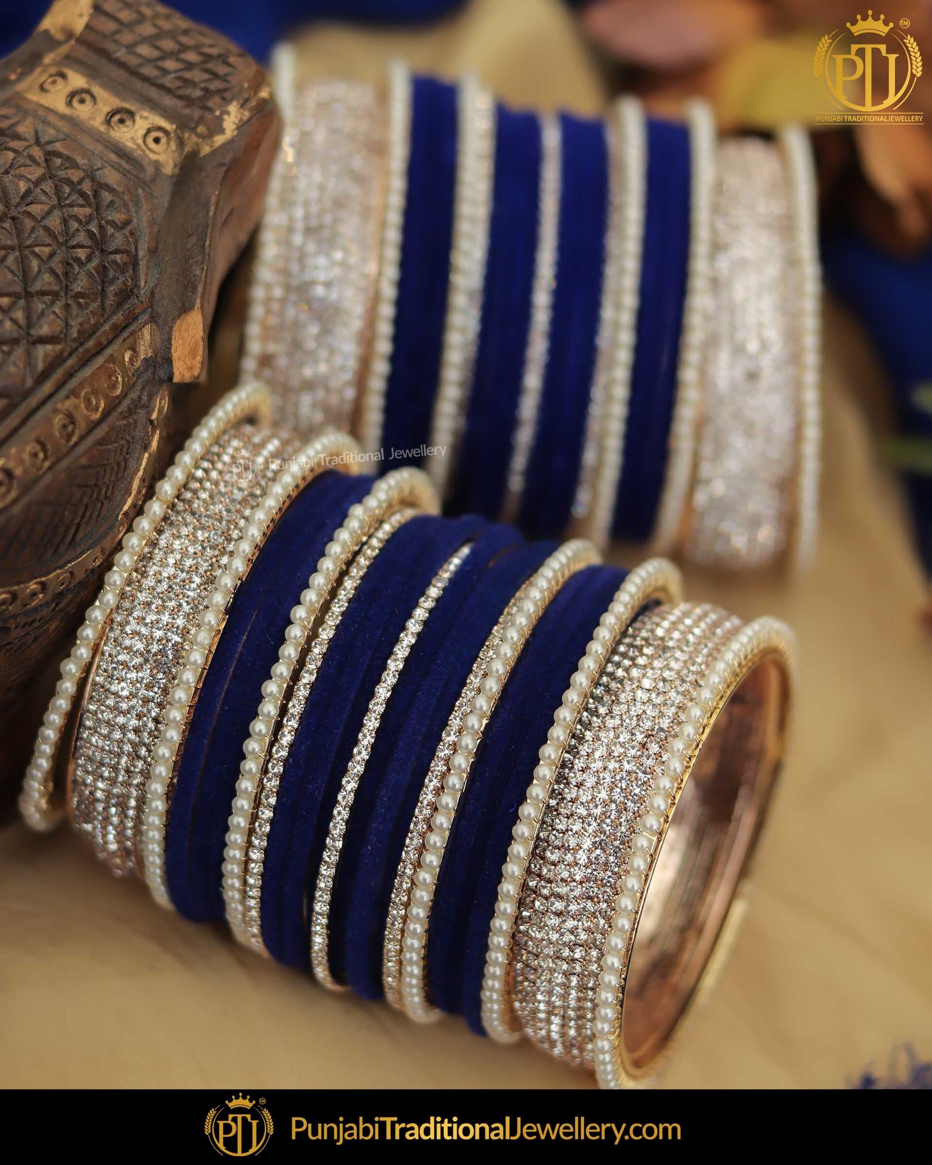 AD Stone Blue Thread Pearl Bangles Set (Both Hands Pair) | Punjabi Traditional Jewellery Exclusive