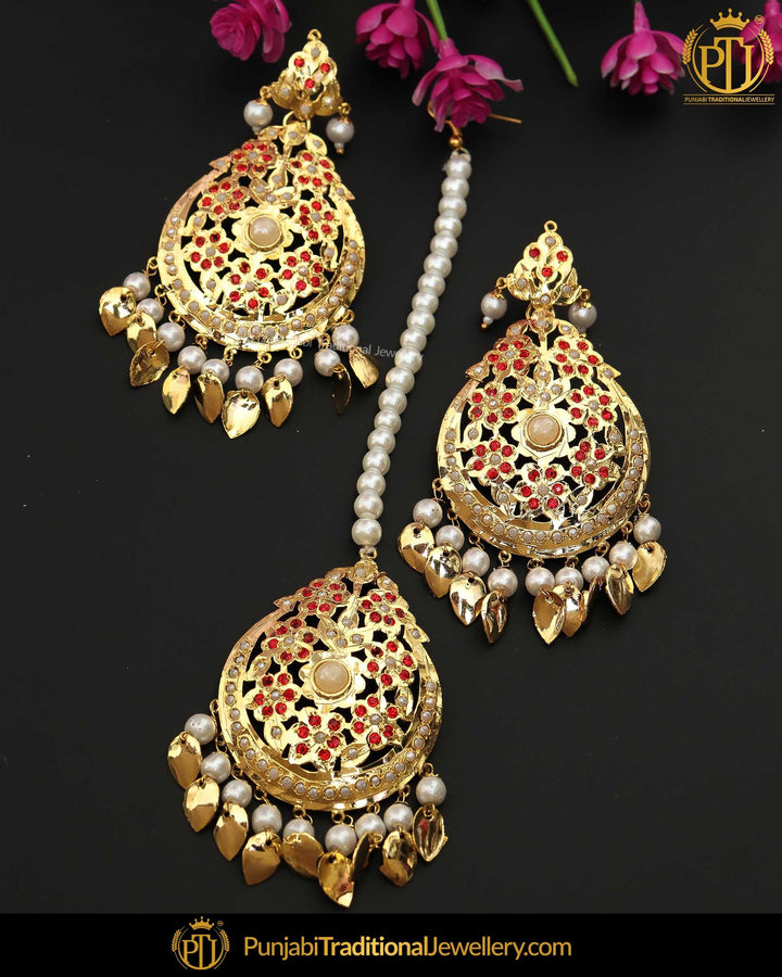 Gold Finished Rubby Pippal Patti Jadau Pearl Earring Tikka Set  | Punjabi Traditional Jewellery Exclusive
