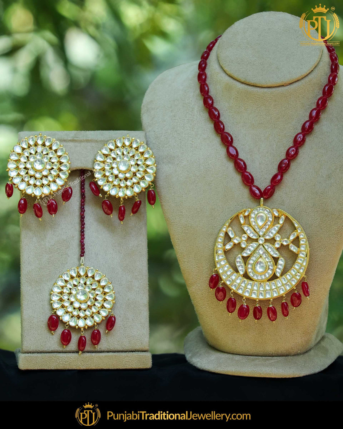 Gold Finished Rubby Pearl Kundan Stud Earrings & Tikka Set Mala Necklace | Punjabi Traditional Jewellery Exclusive
