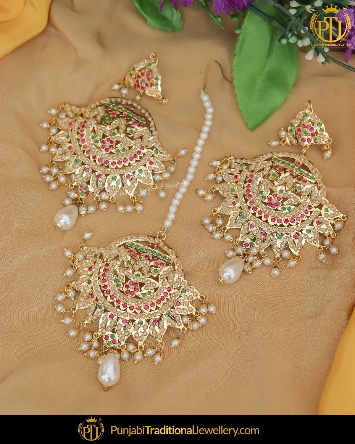 Gold Finished Multi Jadau Earring Tikka Set | Punjabi Traditional Jewellery Exclusive