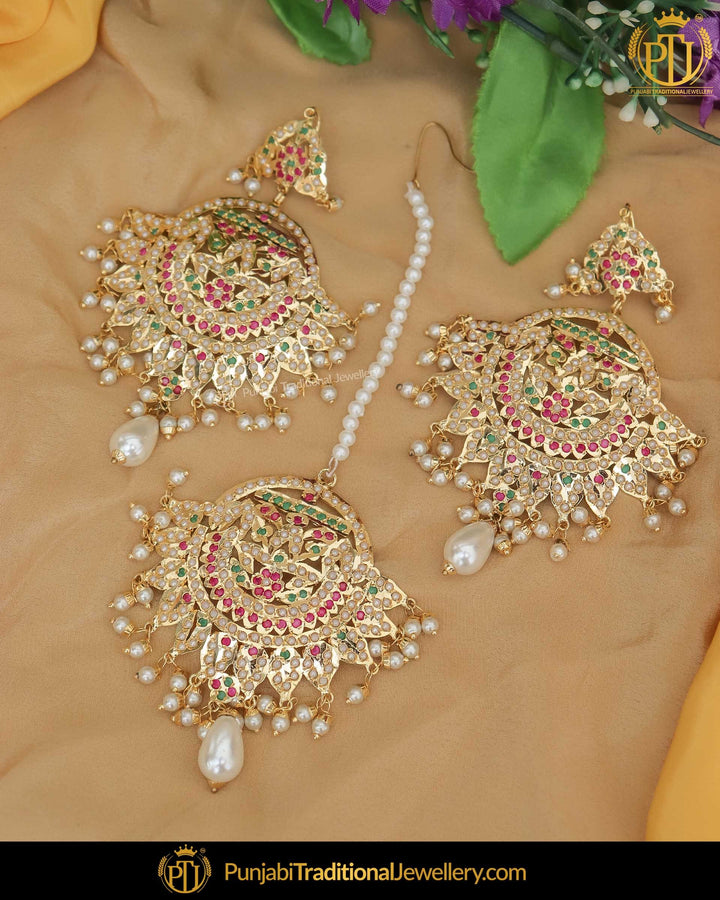 Gold Finished Multi Jadau Earring Tikka Set | Punjabi Traditional Jewellery Exclusive