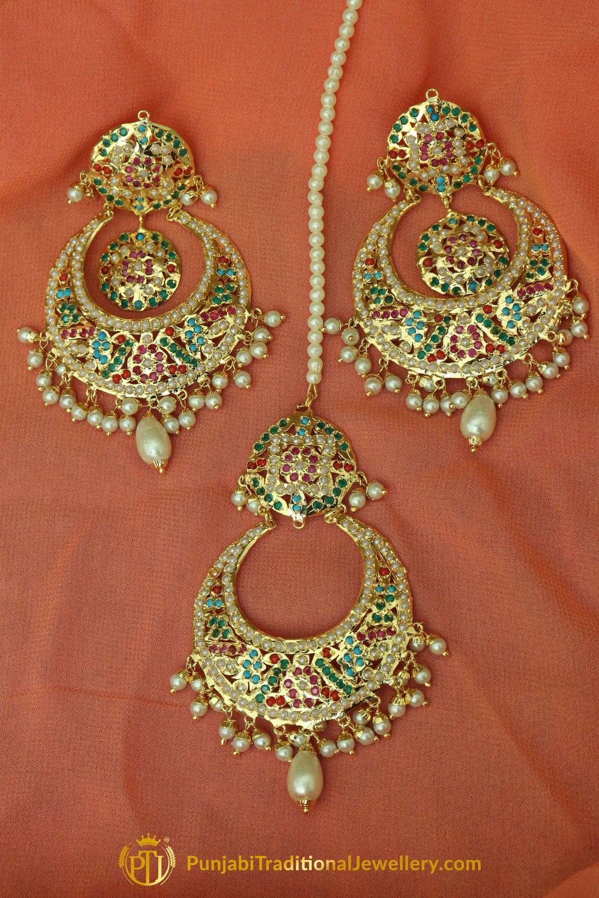 Hadiyah Gold Finished Navratan Jadau Earrings With Tikka | Punjabi Traditional Jewellery Exclusive