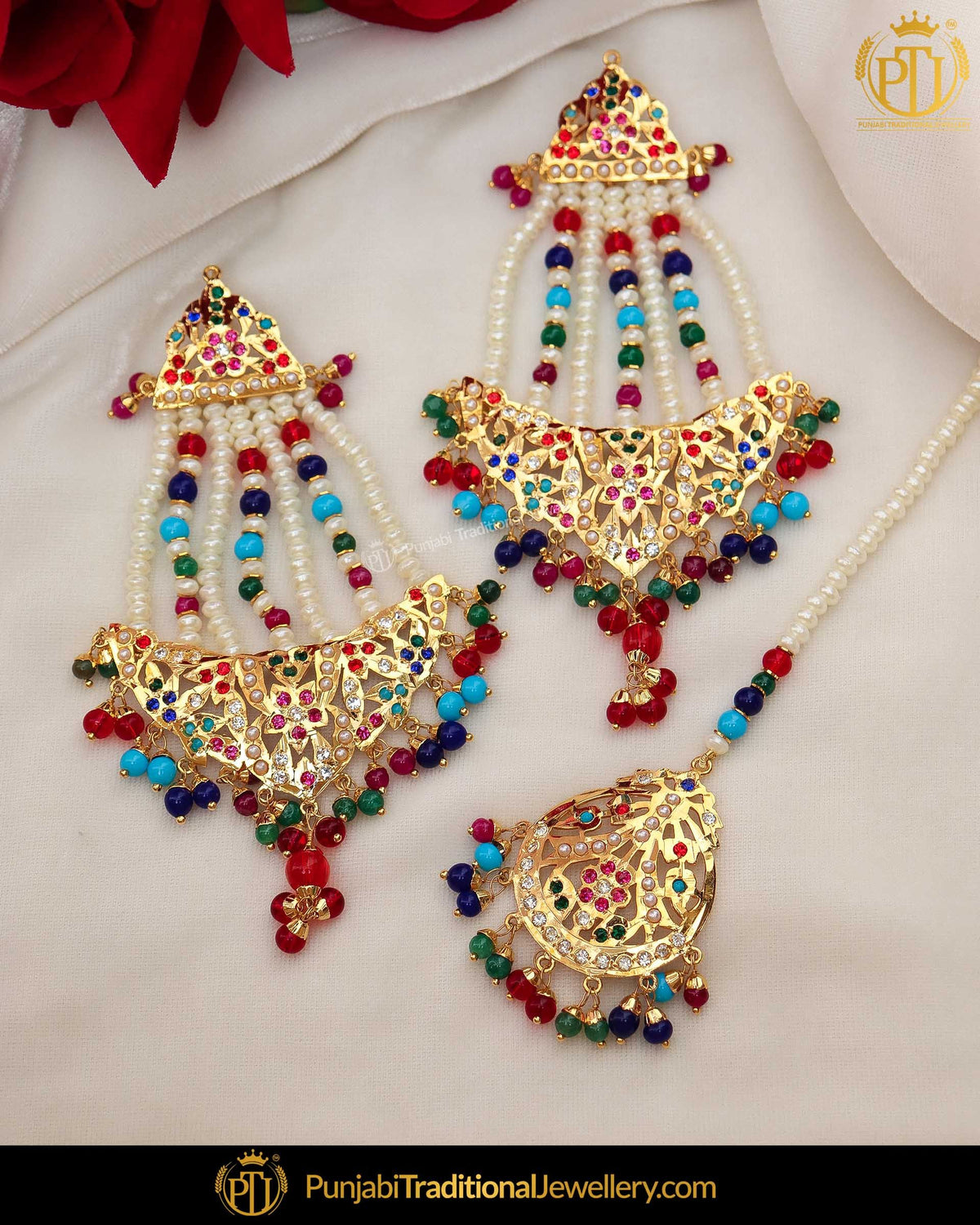 Gold Finished Navratan Jadau Pearl Earrings | Punjabi Traditional Jewellery Exclusive