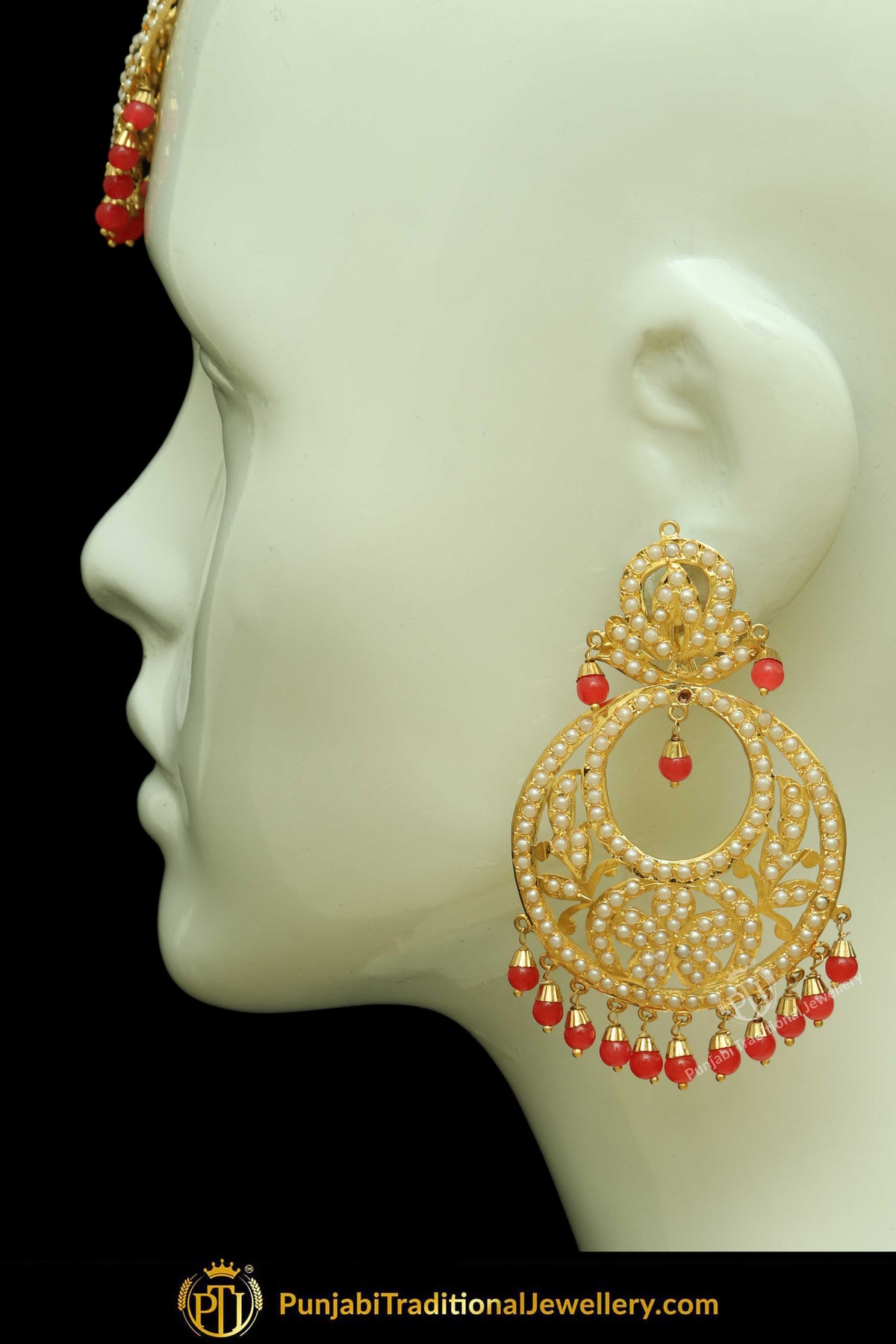 Gold Finished Rubby Jadau Pearl Earring Tikka Set | Punjabi Traditional Jewellery Exclusive