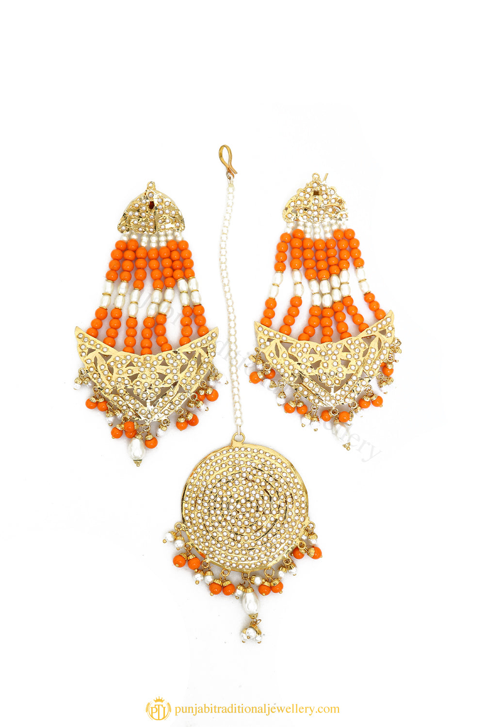 Gold Finished Earrings & Tikka Set by PTJ