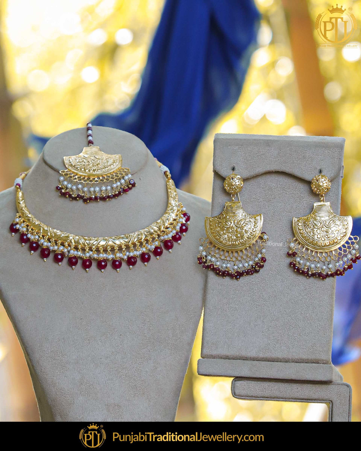 Gold Finished Kundan Pearl Rubby Hasli Necklace Set | Punjabi Traditional Jewellery Exclusive