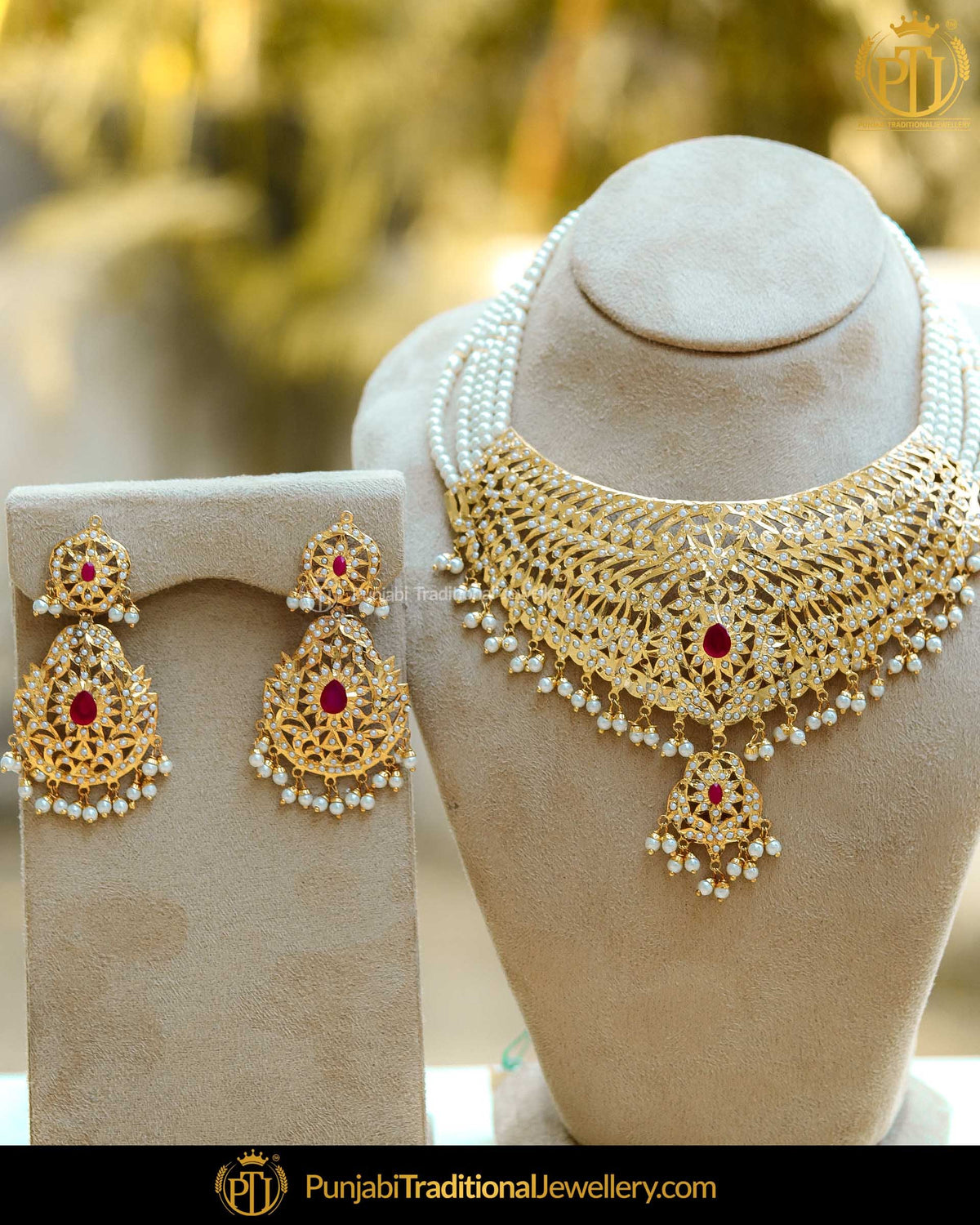Gold Finished Rubby Jadau Pearl Necklace Set | Punjabi Traditional Jewellery Exclusive