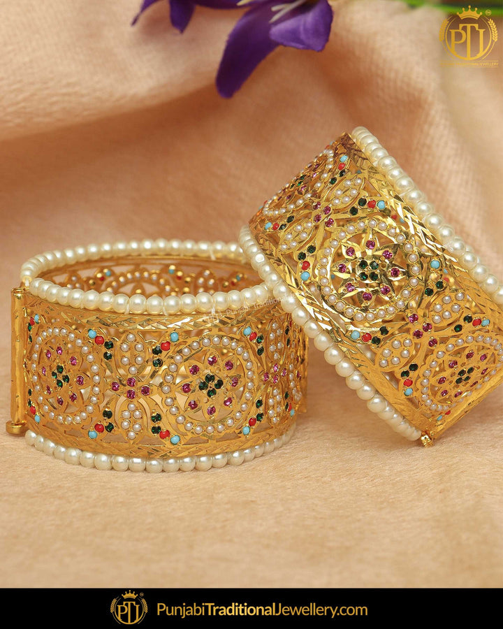 Gold Finished Navratan Jadau Karra Bangles (Pair)| Punjabi Traditional Jewellery Exclusive