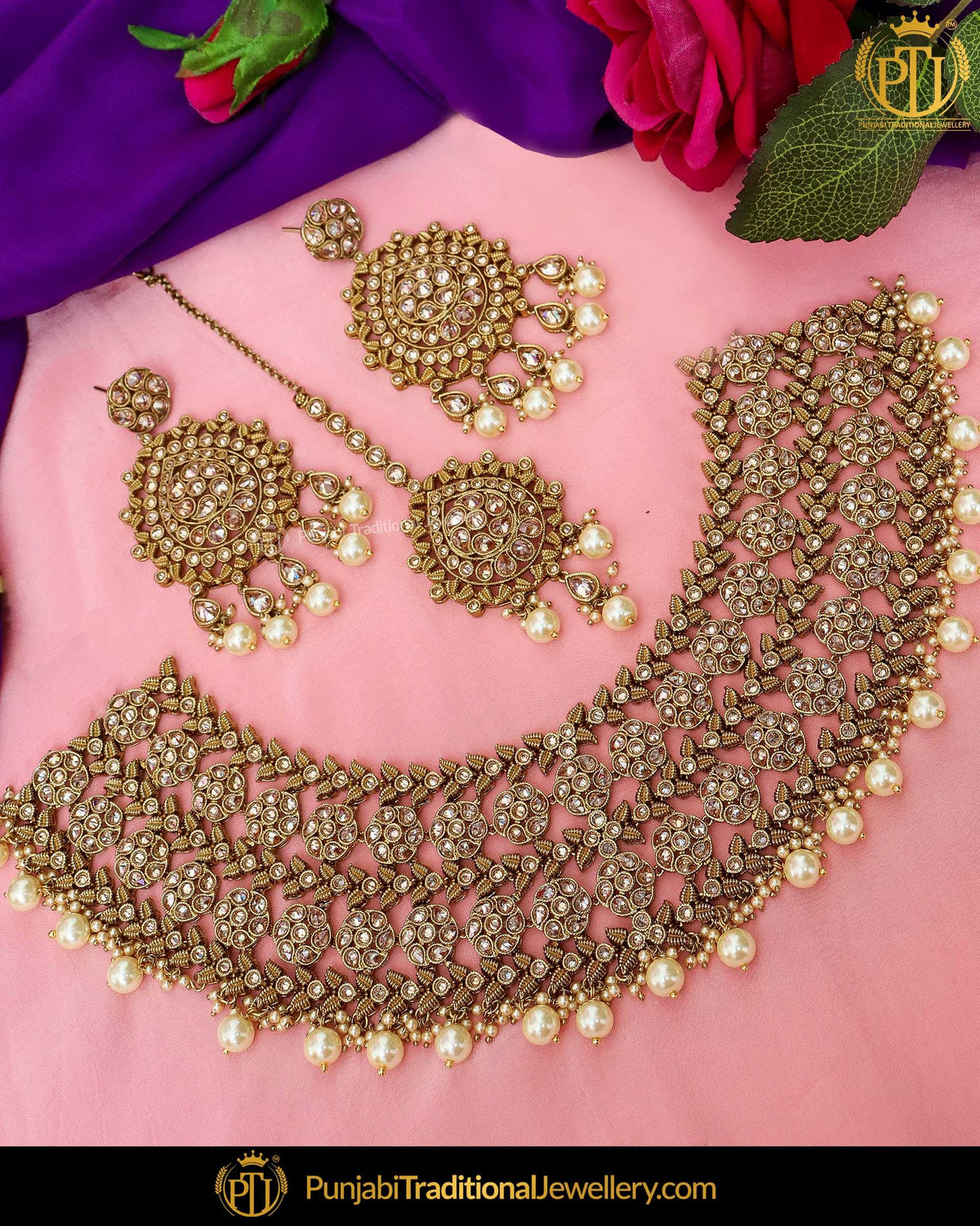 Antique Gold Finished Chamapgne Stone Necklace Set | Punjabi Traditional Jewellery Exclusive