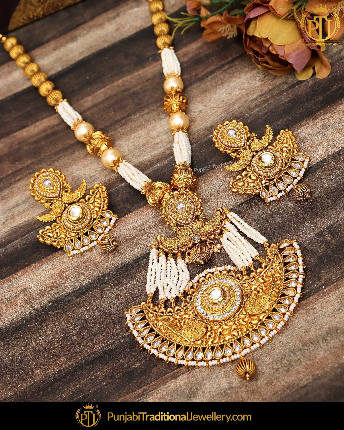 Antique Gold Finished Champagne Stone /Kundan Pearl Mala Long  Set  | Punjabi Traditional Jewellery Exclusive