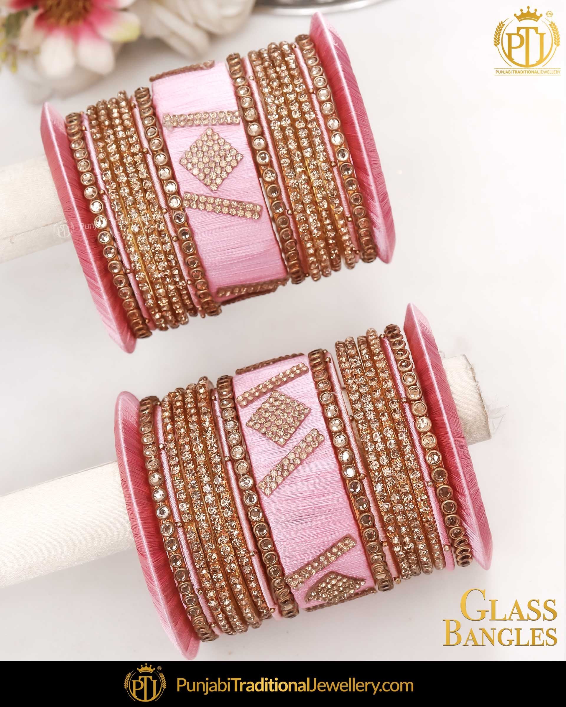 Pink & Gold (For Both Hands) Glass Bangles Set | Punjabi Traditional Jewellery Exclusive