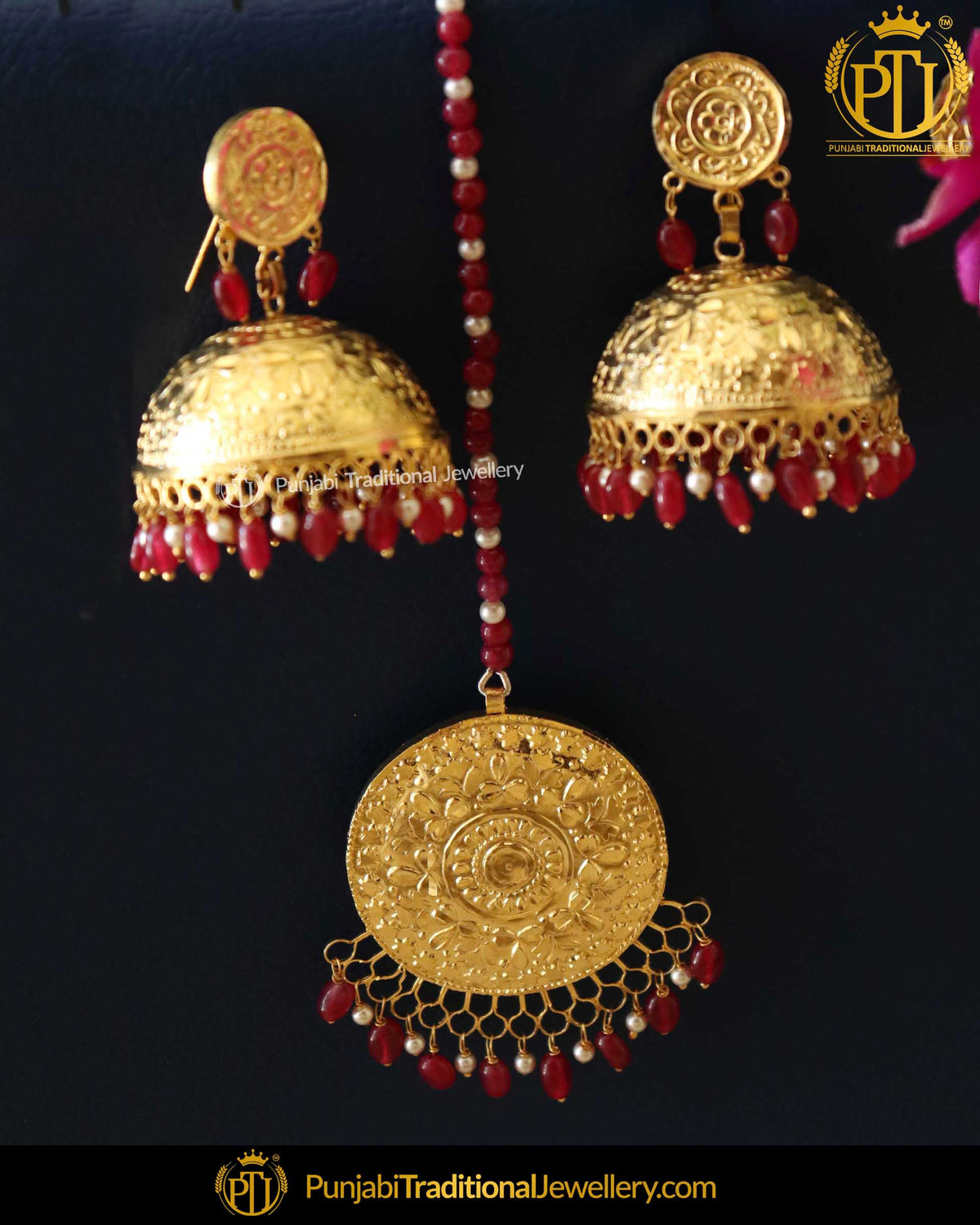 Gold Finished Pearl Rubby Jhumki Kundan Earring Tikka Set | Punjabi Traditional Jewellery Exclusive