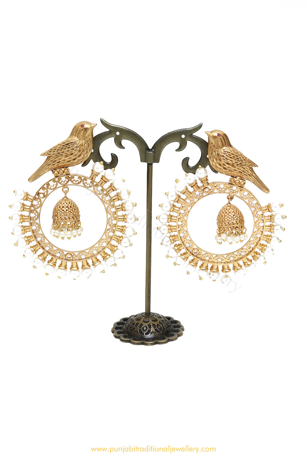 Gold Finished Emerald Kundan Earrings by PTJ