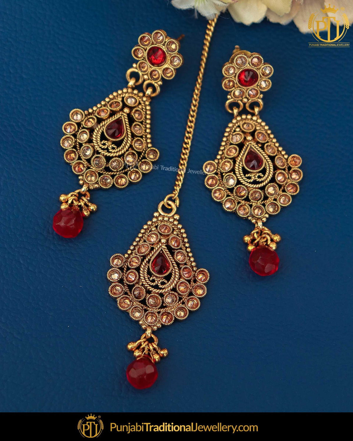Gold Finished Polki Stone Rubby Pearl Earring Tikka Set | Punjabi Traditional Jewellery Exclusive