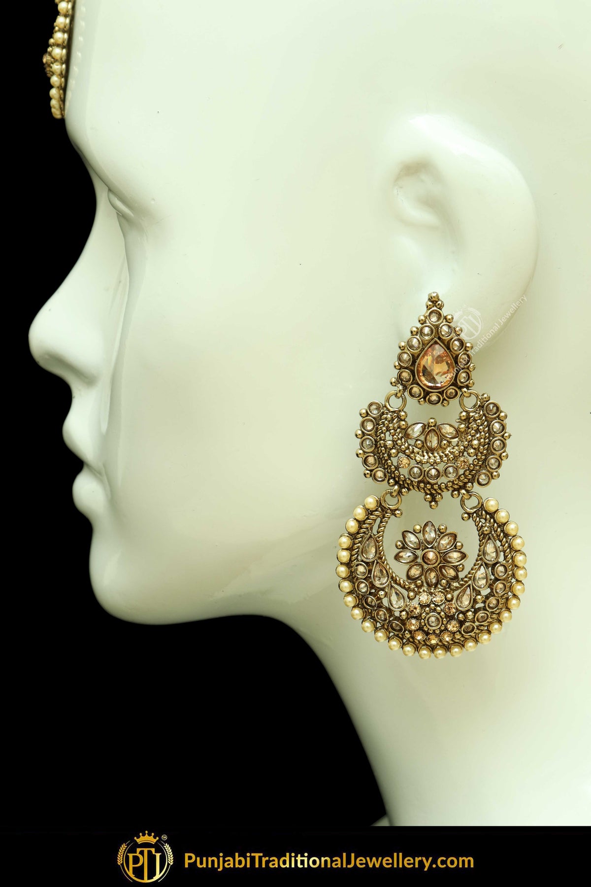 Antique Gold Finised Champagne Stone Earring Tikka Set By Punjabi Traditional Jewellery