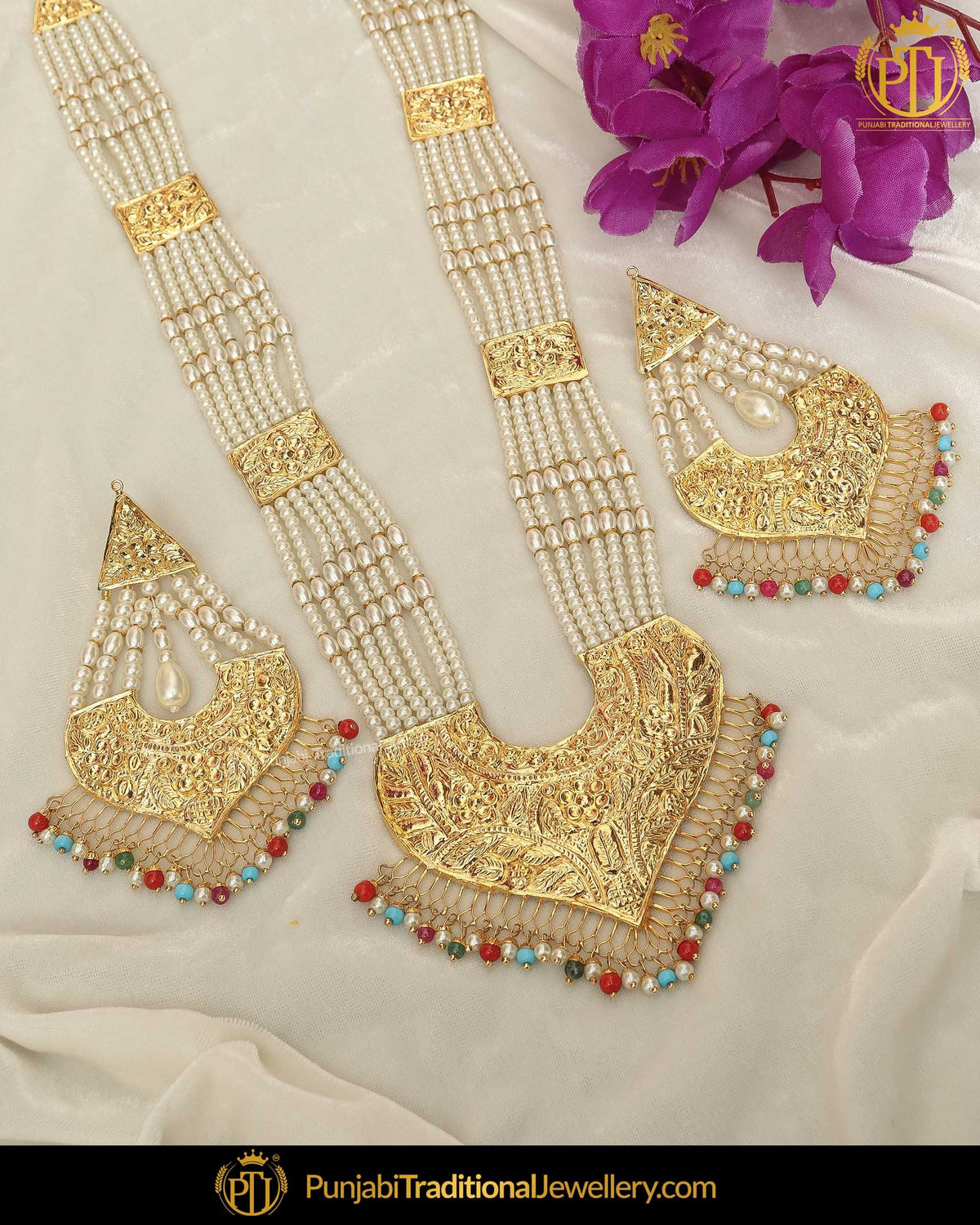 Gold Finished Pearl Patra Navratan Necklace Set | Punjabi Traditional Jewellery Exclusive