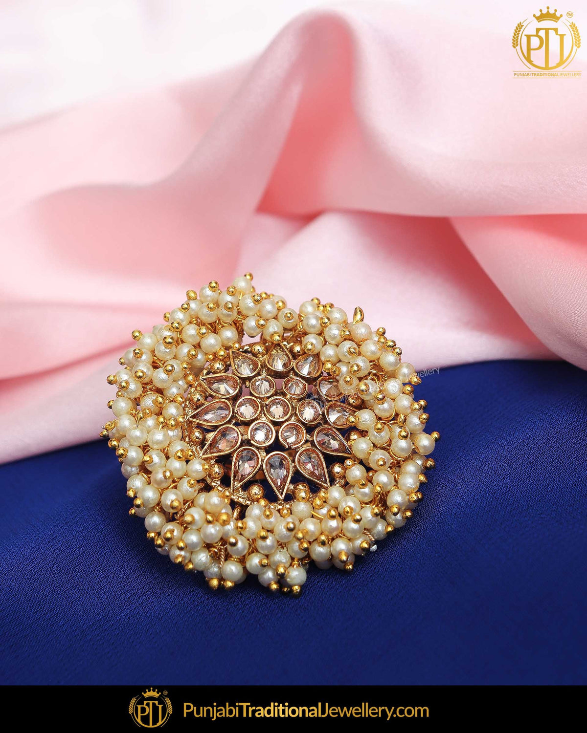 Gold Finished Pearl Champagne Stone Ring | Punjabi Traditional Jewellery Exclusive