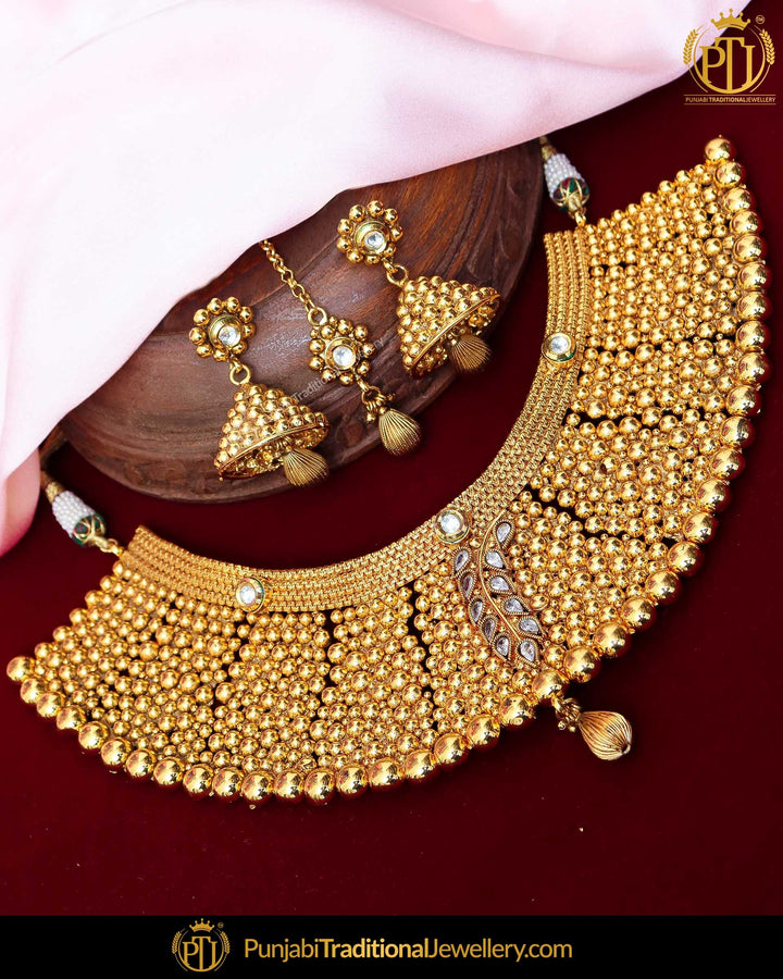 Antique Gold Finished Polki Bridal Johda Necklace Set | Punjabi Traditional Jewellery Exclusive