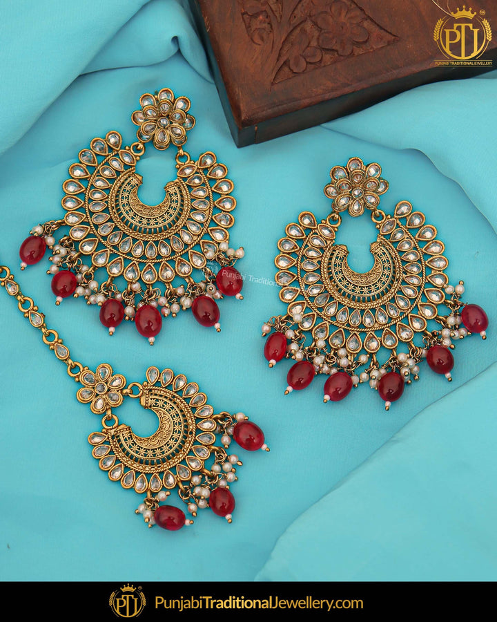 Antique Gold Finished Pearl Rubby Champagne Stone Earring Tikka Set | Punjabi Traditional Jewellery Exclusive