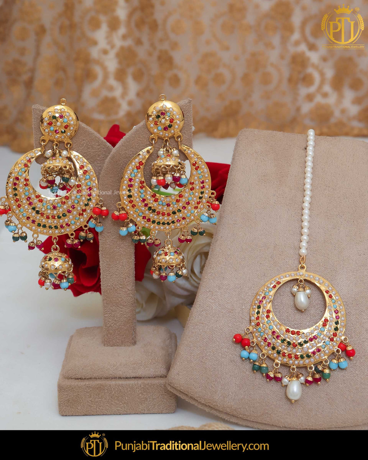 Gold Finished Jadau Multi Earring Tikka Set | Punjabi Traditional Jewellery Exclusive