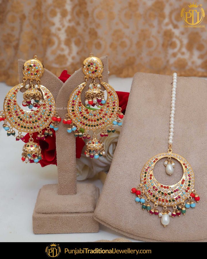 Gold Finished Jadau Multi Earring Tikka Set | Punjabi Traditional Jewellery Exclusive