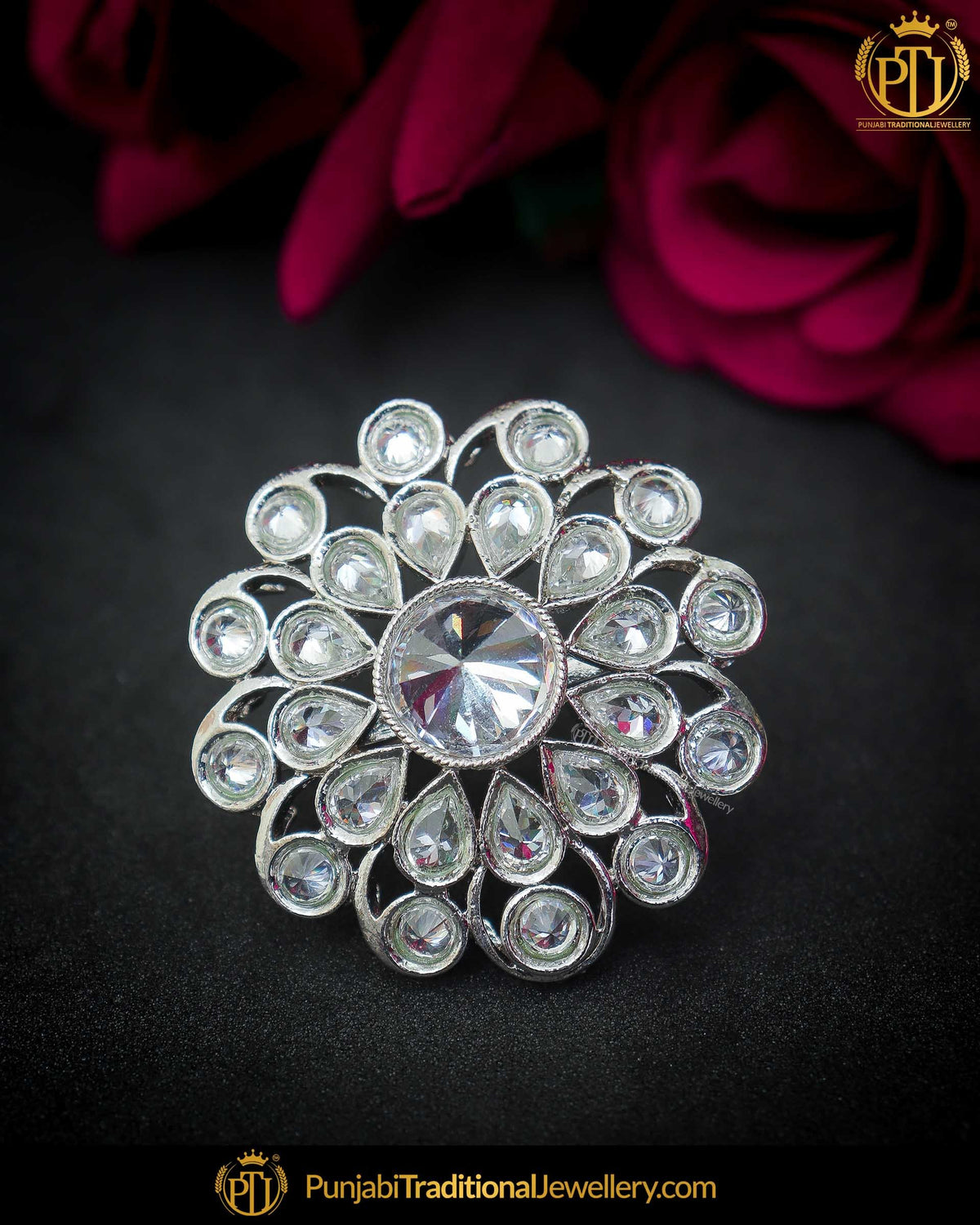 Silver Finished Polki Stone Ring | Punjabi Traditional Jewellery Exclusive
