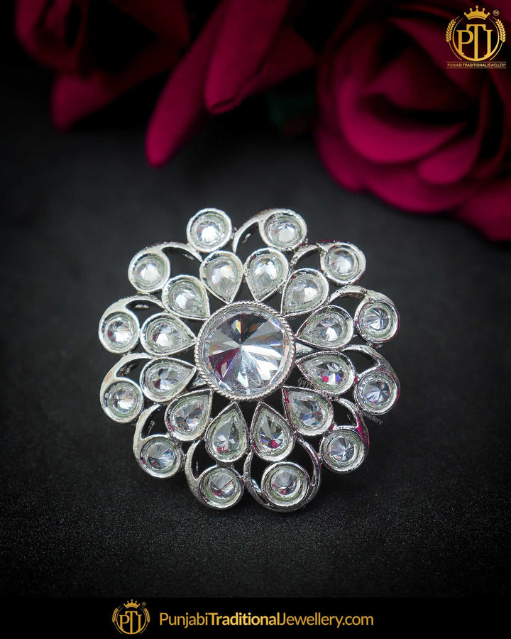 Silver Finished Polki Stone Ring | Punjabi Traditional Jewellery Exclusive