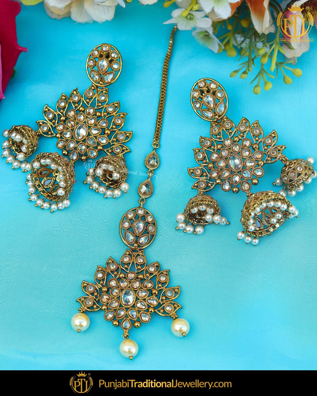 Gold Finished Chamapgne Stone Pearl Earring Tikka Set | Punjabi Traditional Jewellery Exclusive