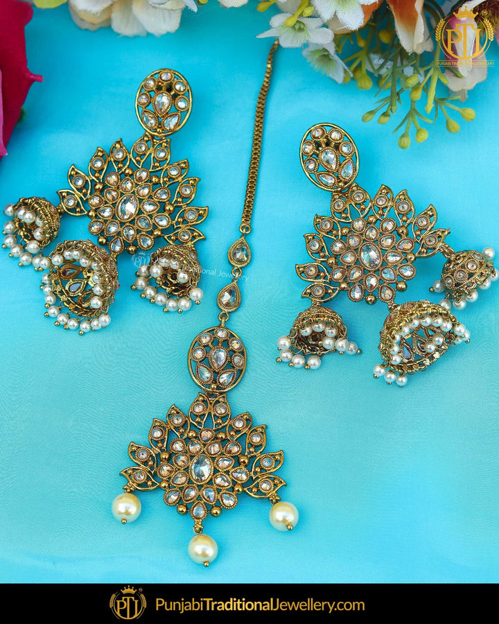 Gold Finished Chamapgne Stone Pearl Earring Tikka Set | Punjabi Traditional Jewellery Exclusive