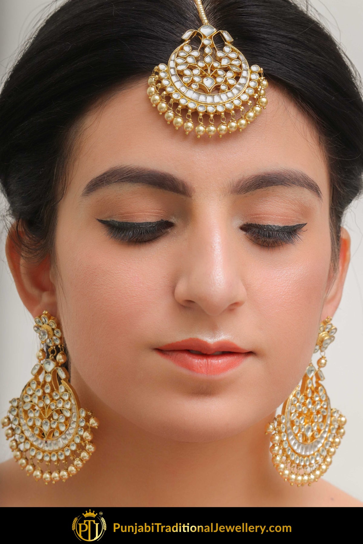 Amirah Golden Kundan Pearl Earring Tikka Set | Punjabi Traditional Jewellery Exclusive