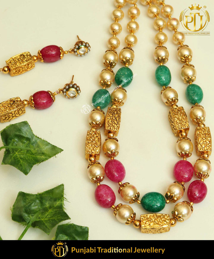 Red & Green Jodha Mala Necklace Set | Punjabi Traditional Jewellery Exclusive