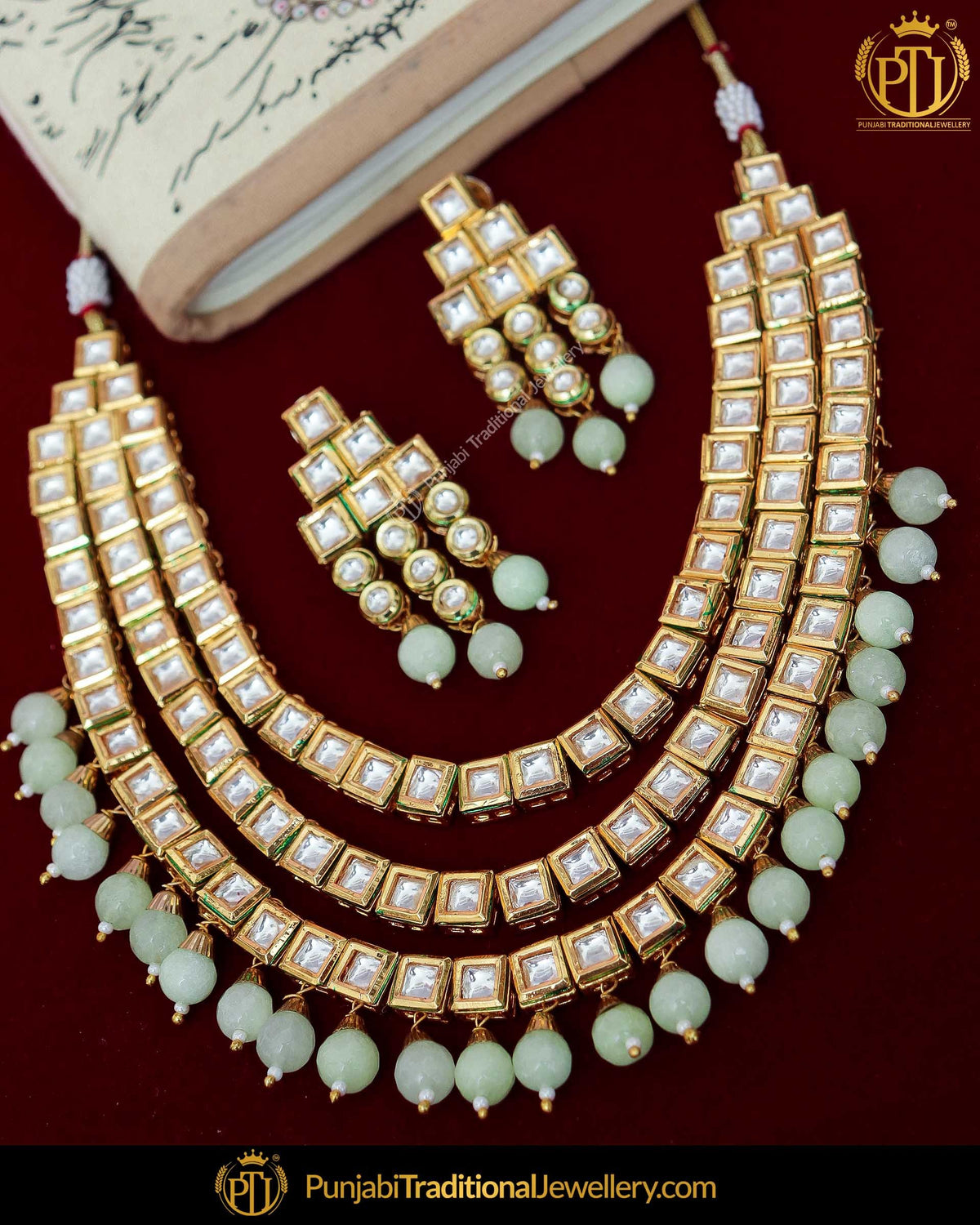 Gold Finished Firozi Pearl Kundan Necklace Set | Punjabi Traditional Jewellery Exclusive