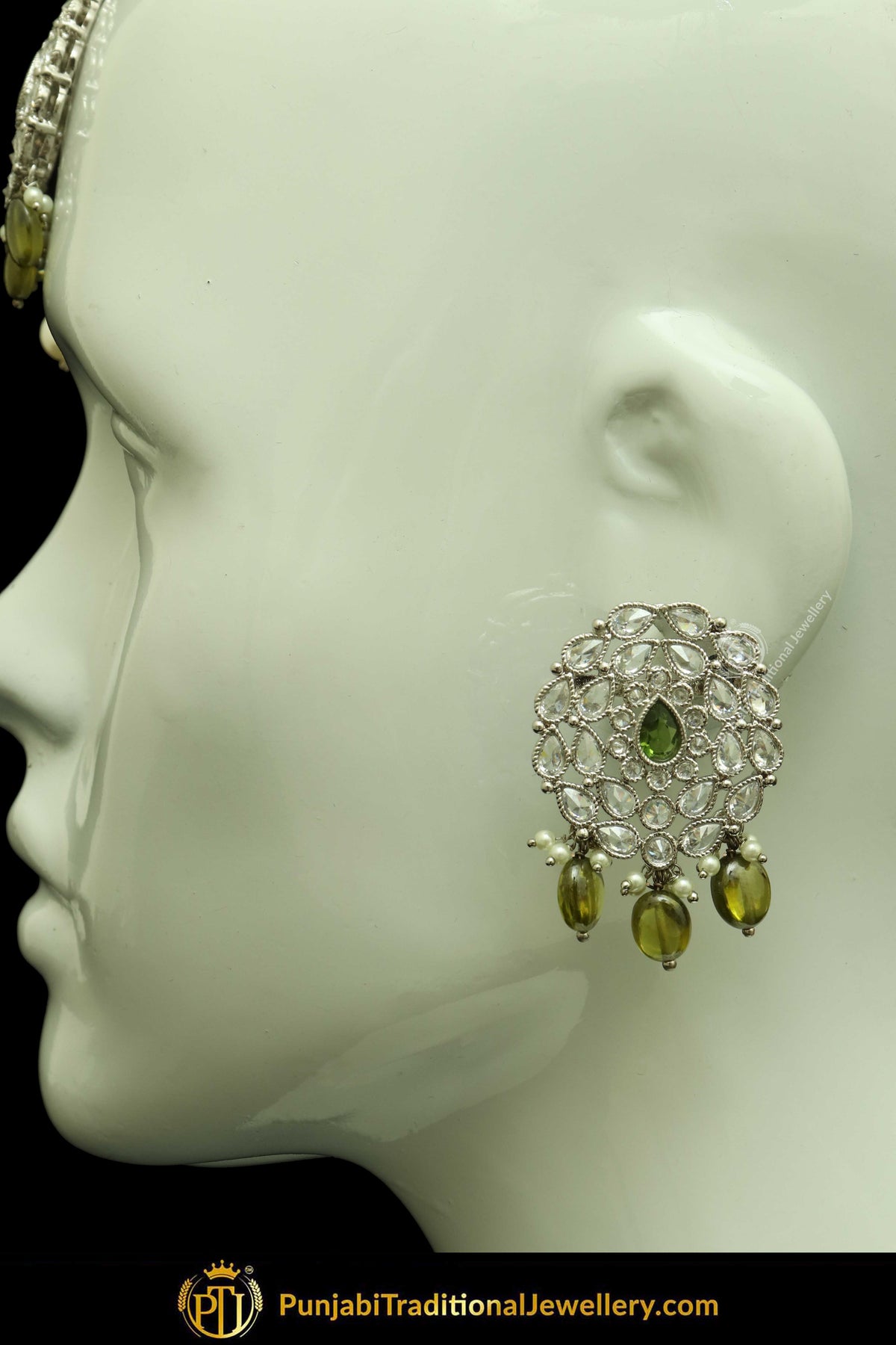 Silver Finished Polki Stone Pista Green Drops Oversized Stud Earrings & Tikka Set By Punjabi Traditional Jewellery