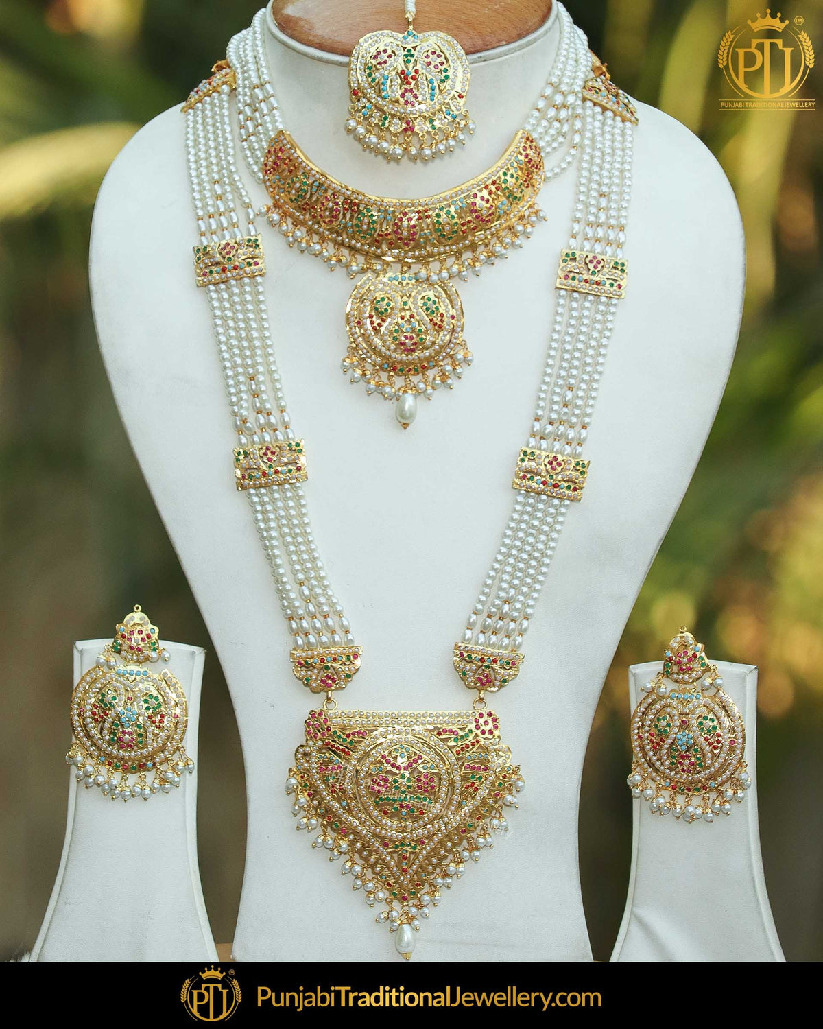 Gold Finished Navratan Pearl Jadau Bridal Choker Necklace Set | Punjabi Traditional Jewellery Exclusive