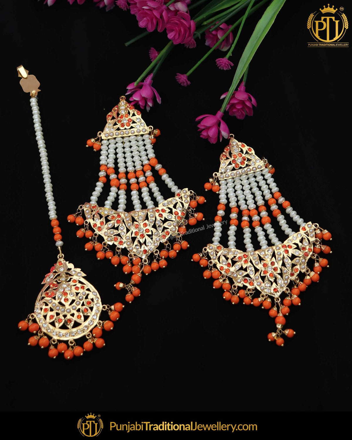 Gold Finished Orange Jadau Pearl Earring Tikka Set | Punjabi Traditional Jewellery Exclusive